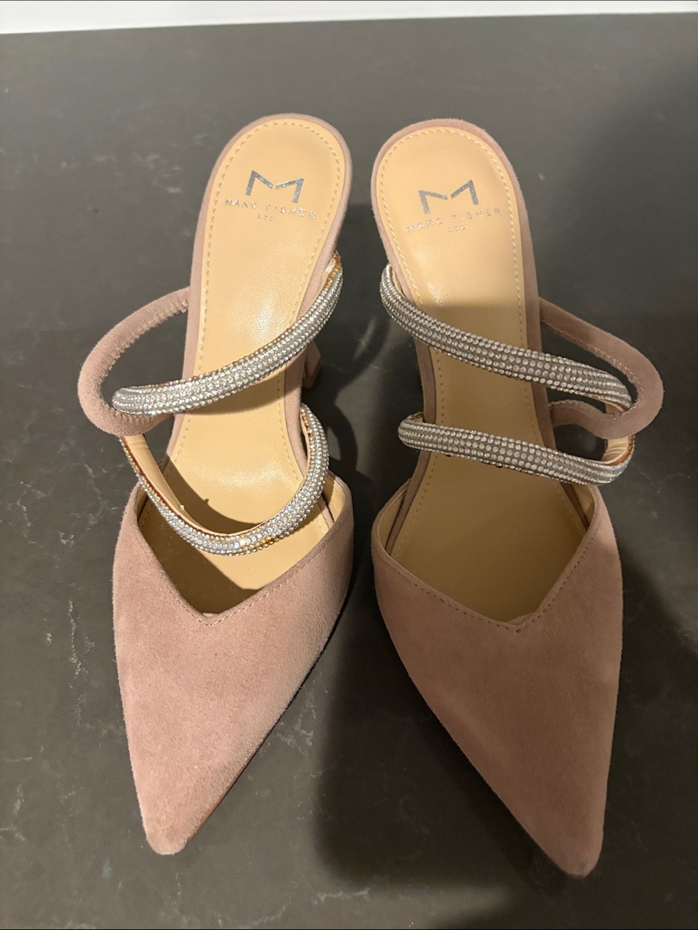 Marc Fisher Dusty Pink Suede Pointed Mules with Rhinestone Straps